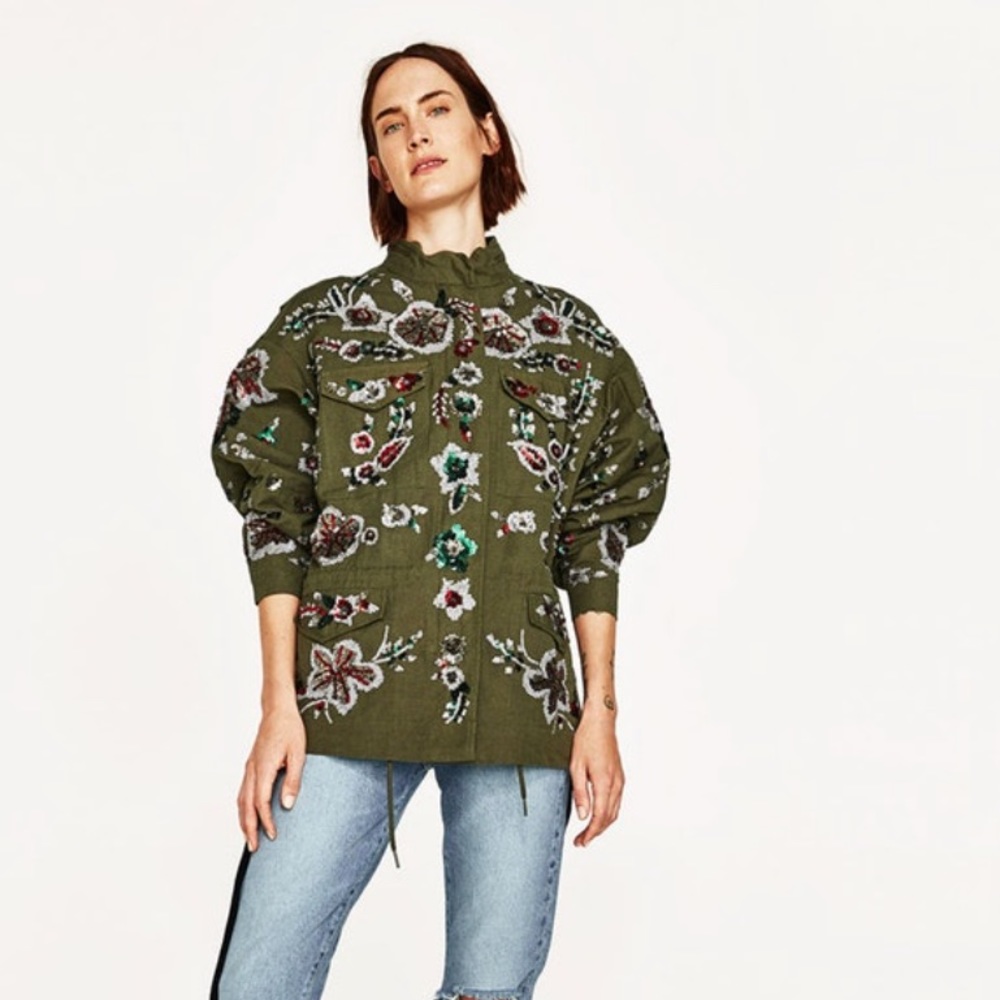 Zara sequins green military jacket